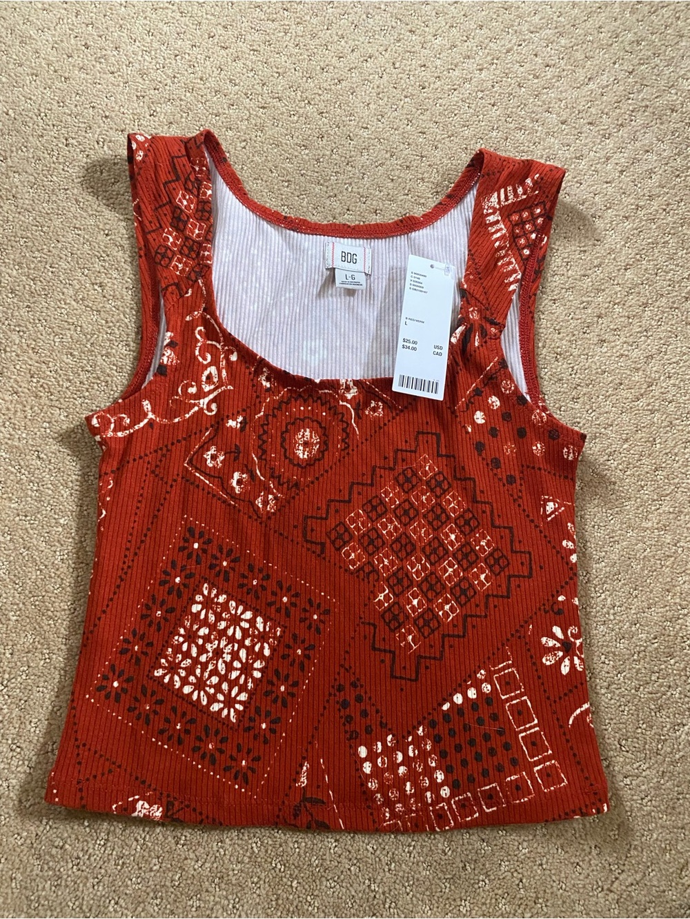 Urban Outfitters Red Patterned Ribbed Tank Top